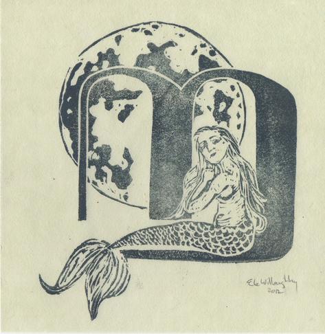 Tiny linocut print showing a mermaid in profile seated in the base of the letter m combing her hair. Behind her is the moon. The print is in dark grey-green on a greenish cream coloured paper.