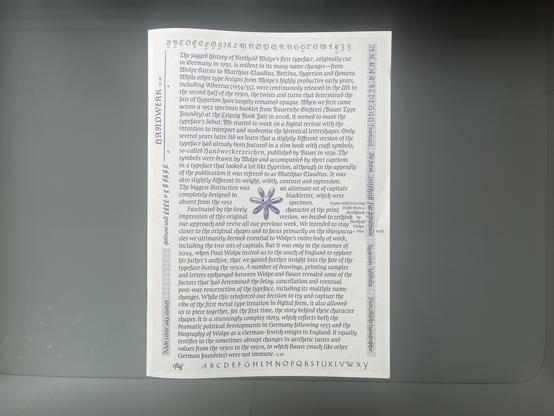 Cover of A4 specimen, printed at Drukkerij Raddraaier with purple to place iris print.