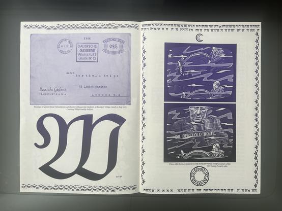 Spread with a letter from Bauersche Giesserei to Berthold Wolpe. A double-u in 440 point and two TV screens with video stills showing Berthold Wolpe.