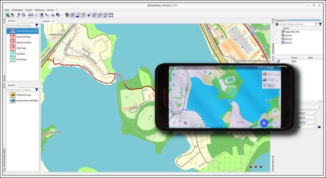 Bildbeschreibung:
Mein Navi-Handy, vor der aktuellen Kartenansicht von QMapShack.