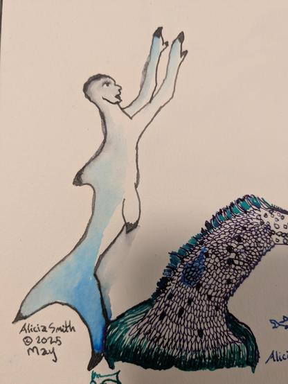 A merfolk with marked Black tipped shark lines raises their fin like arms. No scales or hair, they are grey-blue with white ventral area.