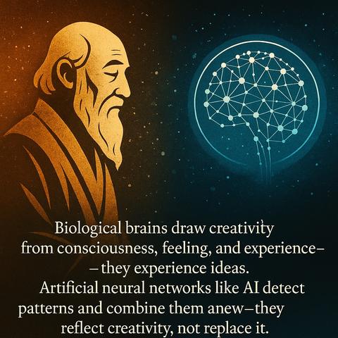 Biological brains draw creativity from consciousness, feeling, and experience-
— they experience ideas.
Artificial neural networks like AI detect patterns and combine them anew-they reflect creativity, not replace it.🖖