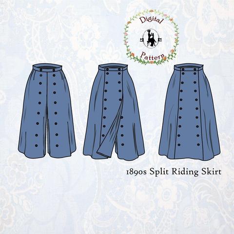 An illustration that shows a split skirt in three views. The skirt is in blue with a row of buttons on both legs in front. The middle view shows a front fabric panel that transforms the pants into a skirt, and shows it partly unbuttoned, the third image shows the panel attached, it now looks like an elegant skirt. The pattern is from the 1890s and made for cycling. 

https://uk.pinterest.com/pin/1890s-split-riding-skirt-sewing-pattern-victorian-cycling--512495632606478840/