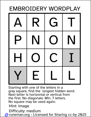 Embroidery Wordplay
a one-word word search puzzle

hint: image
difficulty: medium

Letter grid:
A R G T
P  N O N
H O C I*
Y* E L L

letters marked with an asterisk indicate the potential starting points for the word. The image shows them with a gray background.