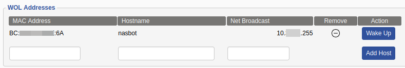 Se muestra un screenshot del GUI de un router ejecutando firmware DD-WRT con la opción de despertar un dispositivo llamado 'nasbot' mediante la función WOL. Las direcciones MAC y Net Broadcast están ofuscadas.