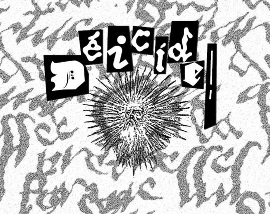 Couverture en noir & blanc du jeu sur itch.io : "Déicide !" écrit en lettres découpées sur un fond avec des écritures illisibles en gris. Au centre, la figure d'un vieil homme d'où sortent des rayons de soleil tout autour.