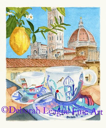 This painting depicts coffee being enjoyed from colorfully decorated cups, under a flowering lemon tree and with a view of il Duomo in Florence, Italy. A sunny painting sure to brighten any room in your home.
