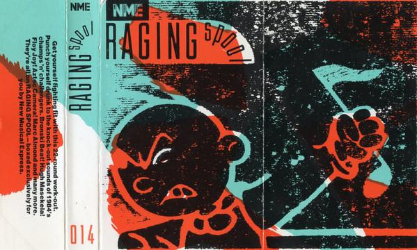 Cover of Raging Spool cassette - orange, blue and white print of an angry cartoon person brandishing a small triangular flag