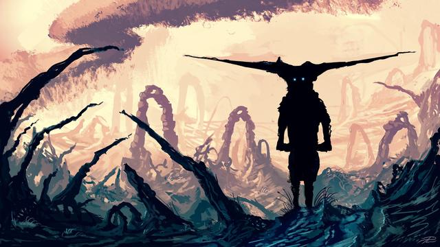 A silhouette of a creature is standing in a rocky area with glowing eyes.