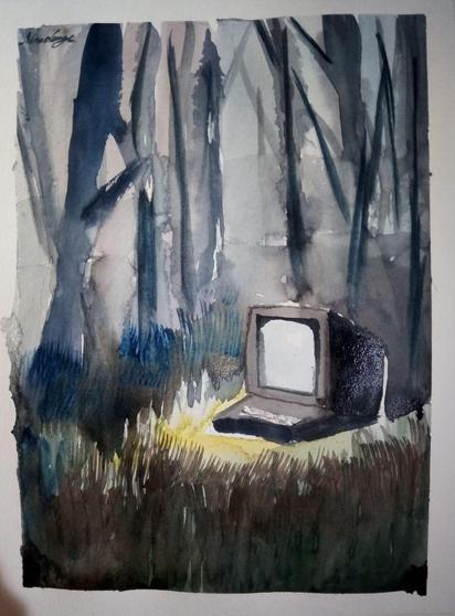 in a cloudy dark forest with dark blue trees in the background lies an old computer in the dry grass - could be early spring. computerlight is comming from the machine. he looks lonely but its peaceful.
