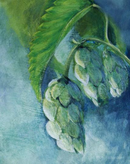 Green hops on a blue background painting