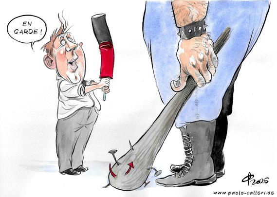 Karikatur. Lars Klingbeil steht mit einem schwarzroten Softschläger vor einer riesigen Person und spricht sie an: "En garde!" Die riesenhafte Figur trägt eine blaue Hose, schwarze Stiefel und eine Keule mit Nägeln in der linkenHand. Auf dem schwarzen Armband an ihrem Handgelenk sind die Buchstaben A f D aufgedruckt.