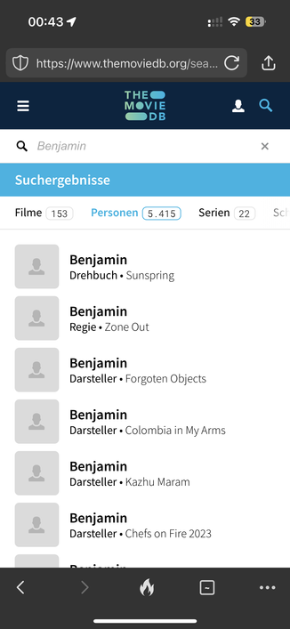 A screenshot of a tmdb.org people search for the searchterm 'Benjamin.