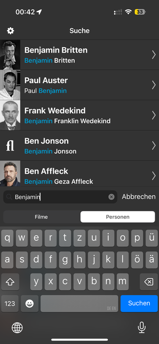 A screenshot of the Filmlog offline people search for the searchterm 'Benjamin.