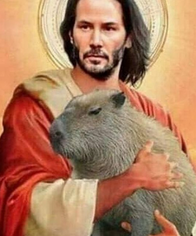keanu reeves as jesus, holding a capybara in its arms