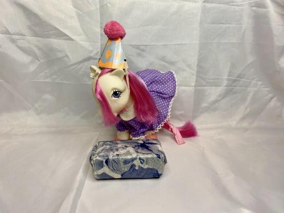 A colorful toy pony with pink hair is wearing a party hat and a polka-dotted purple dress, standing beside a wrapped gift. The background is a plain white fabric.