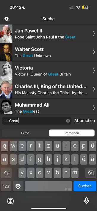 A screenshot of the Filmlog offline people search for the searchterm 'Great.