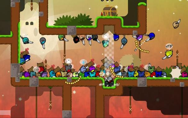 🕶️ A view of its UI with what appears to be a photo break: tons of little people (in the shape of colored balls, shapes vary) clumped together, with some hanging below the top platform pulling on those below.

📚️ DDraceNetwork is an actively maintained version of DDRace, a modification of Teeworlds with unique cooperative gameplay, in which players help each other play on custom maps with up to 64 players. Ranks are worldwide, maps are huge and numerous, and an editor is available. Finally, more than 700 skins allow to personalize the players.