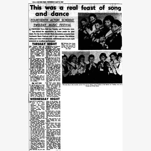 Acton Post & Gazette 4 May 1961 This was a real feast of song and dance. Fourteenth Acton schools' two-day music festival.