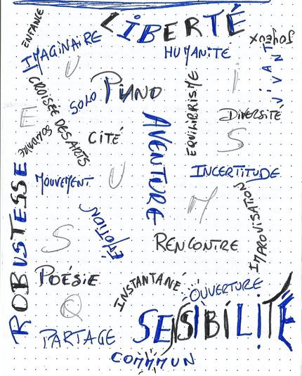 Manuscrit original issu d'un carnet de POL en miscellannée de mots noirs et bleus, orientés dans différents sens comme on assemblerait des pièces de bois en équilibre vertical les unes sur les autres. Ces mots sont : enfance, liberté, imaginaire, humanité, joyeux, vivant, croisée des arts, piano, équilibrisme, diversité, incertitude, aventure, cité, solo, solidaire, robustesse, mouvement, poésie, émotion,  partage, commmun (avec 3 m), instantané, ouverture, sensibilité, rencontre, improvisation et musiques (au pluriel)