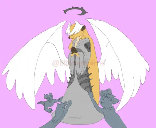 An image of a cartoon angel based on a meerkat and a necromancer.