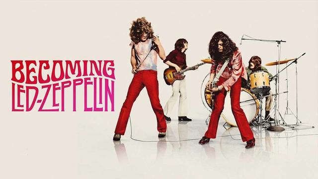 Promotional photo for the documentary, Becoming Led Zeppelin. It features the four members of the band in concert circa 1968-1969 (Robert Plant holding a microphone, Jimmy Page playing the guitar, John Paul Jones playing a bass guitar, and John Bonham behind a drum kit).
