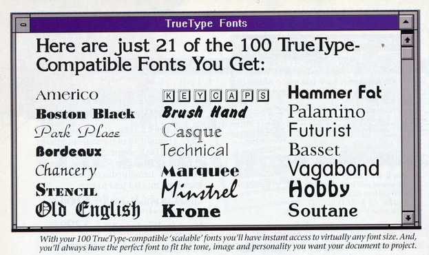 A 1993 screenshot of a font menu in three colums displaying 21 knockoff typefaces with hilarious names trying to stick close to the original trademark names, e. g., "Palamino" for "Palatino", or "Minstrel" for "Mistral".