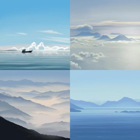 4 landscapes studies in digital art in blue tones: a boat on a lake, mountains in the clouds or islands