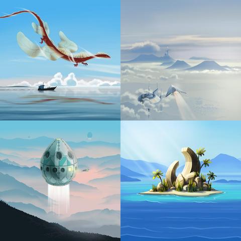 The same studies, with fantastic themes, a dragon, spaceships, and a mysterious island