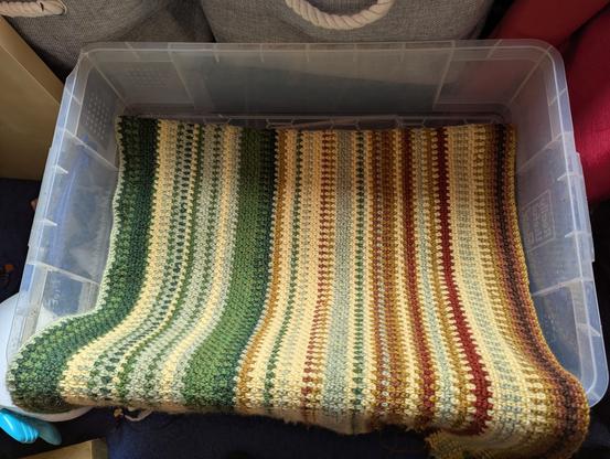 A crochet blanket with rows which represent the highest temperature in my garden for each day of the year so far.