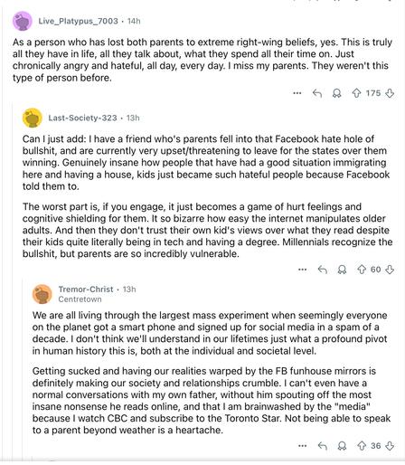 Three social media post texts. 
Too much text to include in the description because of the alt text character limit but the posts bemoan the loss of otherwise normal people to right-wing extremism.