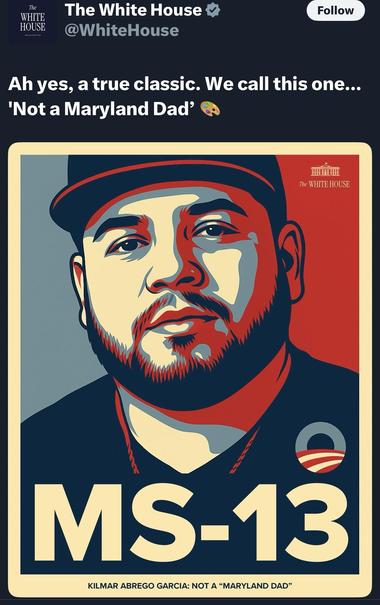 A stylized portrait of Kilmar with a beard wearing a black cap and shirt. The image features bold colors and graphic elements, with the text "MS-13" and the phrase "KILMAR ABREGO GARCIA: NOT A MD MAN…