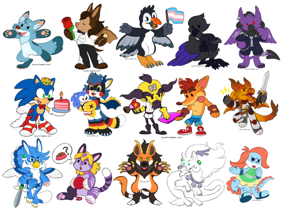 A collage of chibi anthro characters in flat color, with rounded hands and feet and dots for eyes.