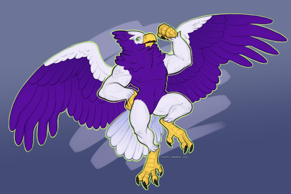 An illustration of a purple and white anthro Steller's sea eagle with a muscular frame. Their wings are spread wide and they're flexing an arm while looking toward the viewer with a confident smile.