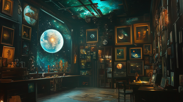 Atelier Céleste
Un atelier d’artiste fantastique aux murs tapissés de toiles stellaires, avec une immense fenêtre ouverte sur l’espace et une planète bleutée.
A fantastical artist’s studio with walls lined in stellar paintings, and a vast window opening onto space and a glowing blue planet.