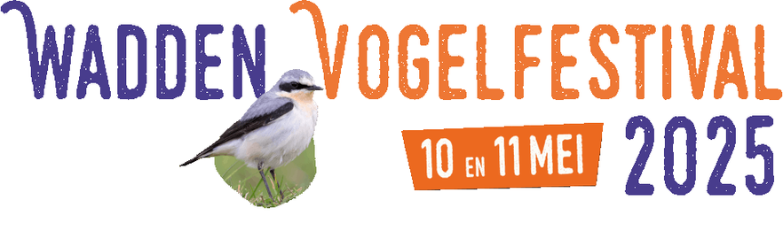 Een banier in blauwe en oranje letters: Waddenvogelfestival 10 en 11 mei 2025. Met een kleine afbeelding van een tapuit.