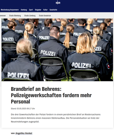 Bildschirmfoto NDR Meldung. Poliizisten auf Stühlen. Brandbrief