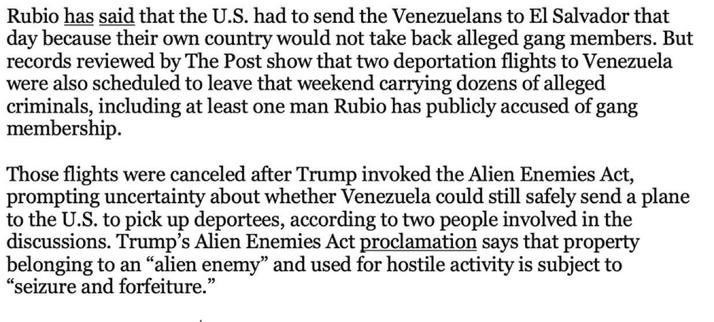 The image contains text discussing U.S. deportation flights for alleged criminals to Venezuela, which were canceled due to uncertainty after Trump invoked the Alien Enemies Act. It mentions statements by Rubio regarding Venezuela's refusal to accept alleged gang members.