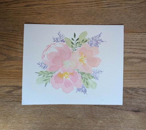 This is a watercolor floral painting of three large flowers surrounded by greenery and lilacs. These flowers and greenery are pulled into a tight bouquet and there's plenty of untouched watercolor paper in this 8x10 landscape oriented painting. Top left is a side view peony, top right is an open peony tilted up to the right. The third flowers is at the bottom middle and is an open peony tilted down. There are lighter and larger yellow leaving green leaves layered with smaller darker green leaves tucked inbetween two flowers that kind of curve around the flowers. Purple lilacs are peeking out from the leaves. This is painted in a loose style.
