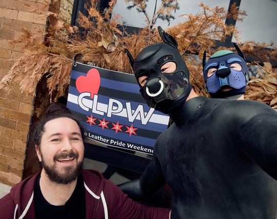 Selfie with @geoffnstuff.bsky.social
@slateofmind.bsky.social  in front of the CLPW flag outside the bar