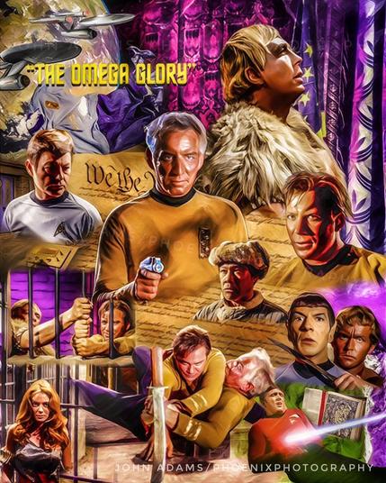 A poster for the Star Trek episode poster The Omega Glory, featuring a collage of images from the episode, with the US Constitution in the background, and an older Captain prominently holding a phaser in a threatening manner.