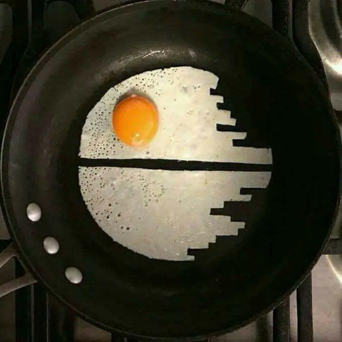 A fried egg cut to resemble the 2nd Death Star