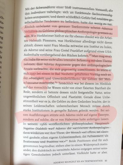 Seite aus Thomas Wagners "Abenteuer der Moderne", aus der hervorgeht, dass Adorno Gehlen kritisierte, ohne ihn gelesen zu haben.