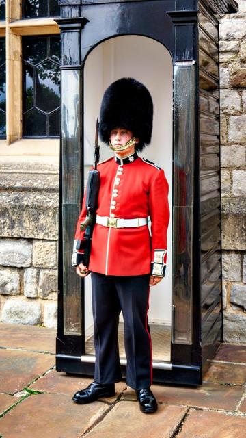 The image shows a person dressed in a traditional British ceremonial military uniform, typically worn by the guards at royal residences. The uniform consists of a red tunic adorned with white belts and a black bear-fur cap, and the individual is carrying a rifle with a mounted bayonet. They are standing in a sentry box, which is black and part of a stone building with a single window pane visible, also featuring part of a door with glass panels. This attire and setting suggest that this might be somewhere around a significant historic or royal site in the United Kingdom, where such guards are commonly found.