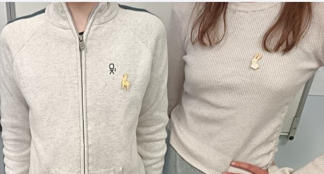 Photos du buste de deux élèves avec un pin's permettant d'identifier les ambassadeurs du collège.