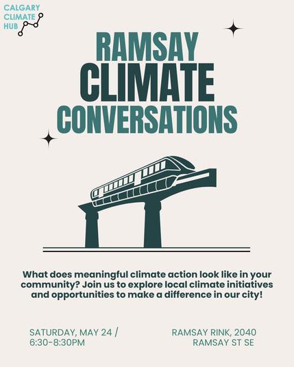 Event poster, headline reads "COMMUNITY CLIMATE CONVERSATIONS" & Join the Calgary Climate Hub and explore local climate challenges community initiatives and opportunities for action. Be a part of the change at the Bowness Community Association, 7904 43 Ave NW, Calgary on April 22, 2025, 6-830pm. Includes Hub logo and Bowness CA logo