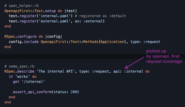 Ruby code that shows how to set testing coverage of multiple OpenAPI API descriptions.