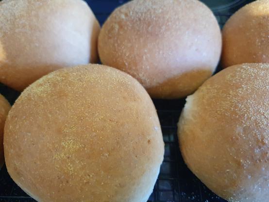 Closer look at the baps, round, look soft and the texture is different as a floury bap as they have fine cornmeal on them =)