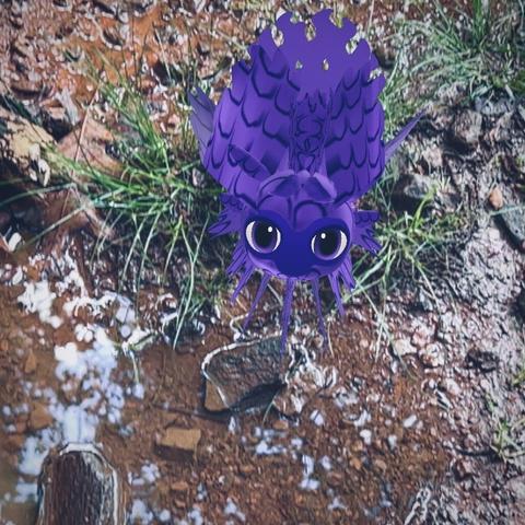A light purple and dark purple dot with the plumage chaos trait Water Dragon. It is standing in some grass near a small puddle of water in the mud. The blue sky and clouds are visible in the puddle as a reflection.