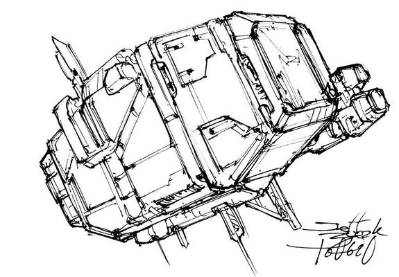 Black and white line art sketch of an imaginative sci fi spaceship. Each one is very different.